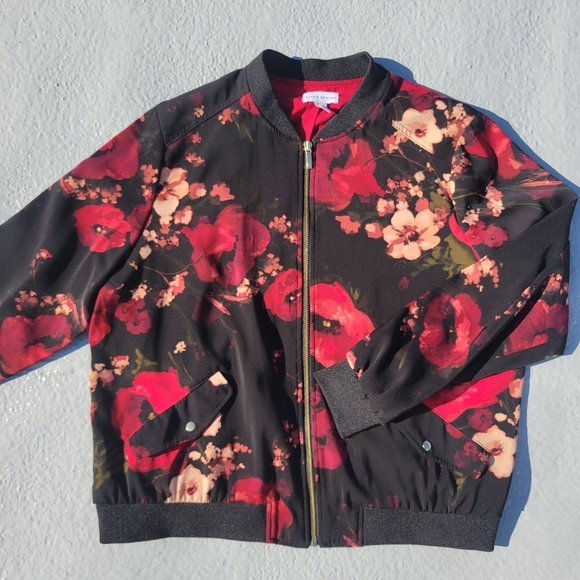 Susan Graver Womens Floral Liquid Knit Jacket Size L Black Red Full Zip Pockets - Picture 2 of 11